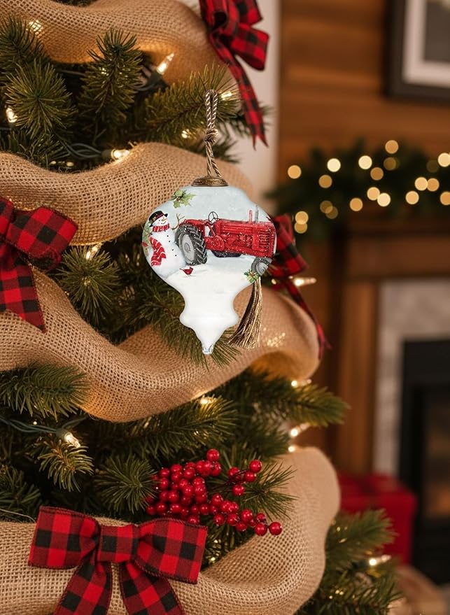Red Tractor Christmas Ornament with Snowman – Hand-Painted Glass Farmhouse Holiday Ornament – Vintage Tractor Christmas Decor – Country Christmas Tree Ornament