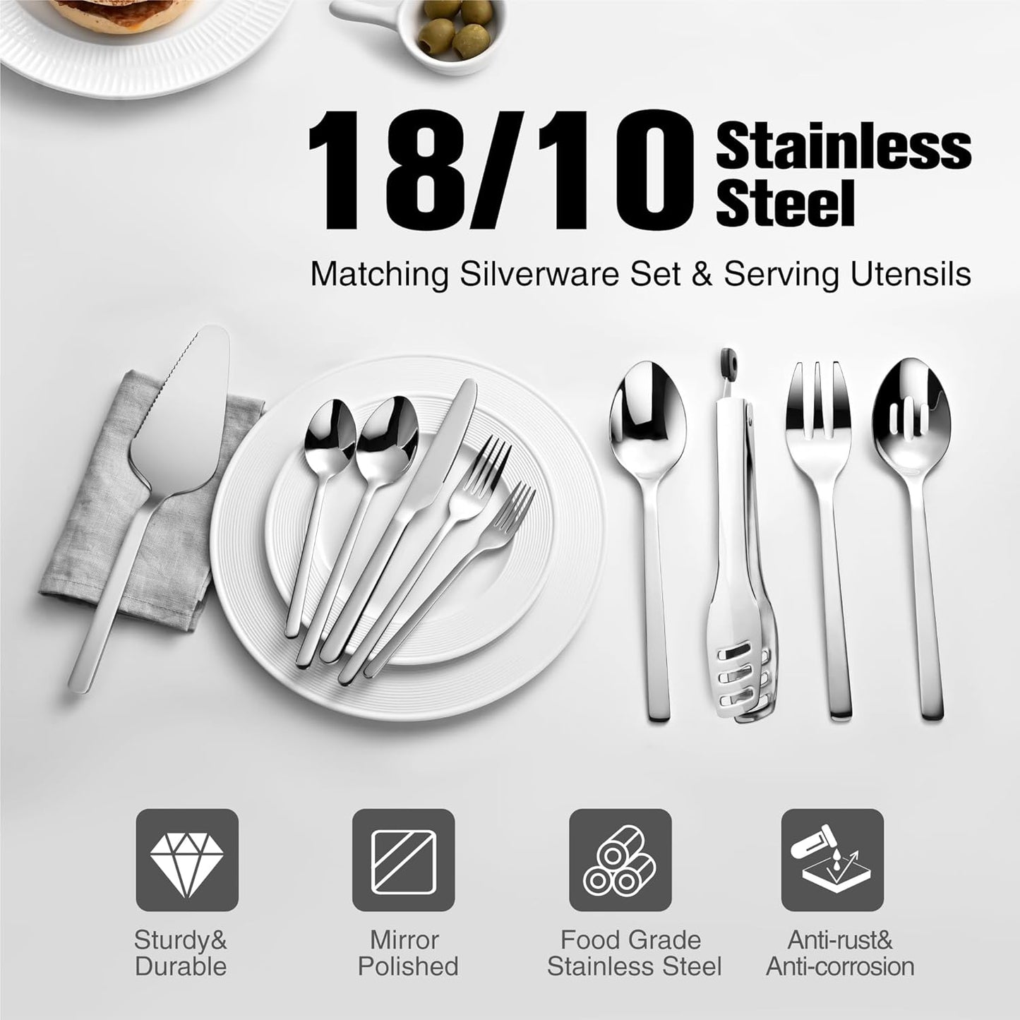 KINGSTONE Silverware Set With Serving Utensils, 65 Piece Flatware for 12, 18/10 Cutlery With 5 Piece Serving Utensil Set - Modern and Original Design, Dishwasher Safe