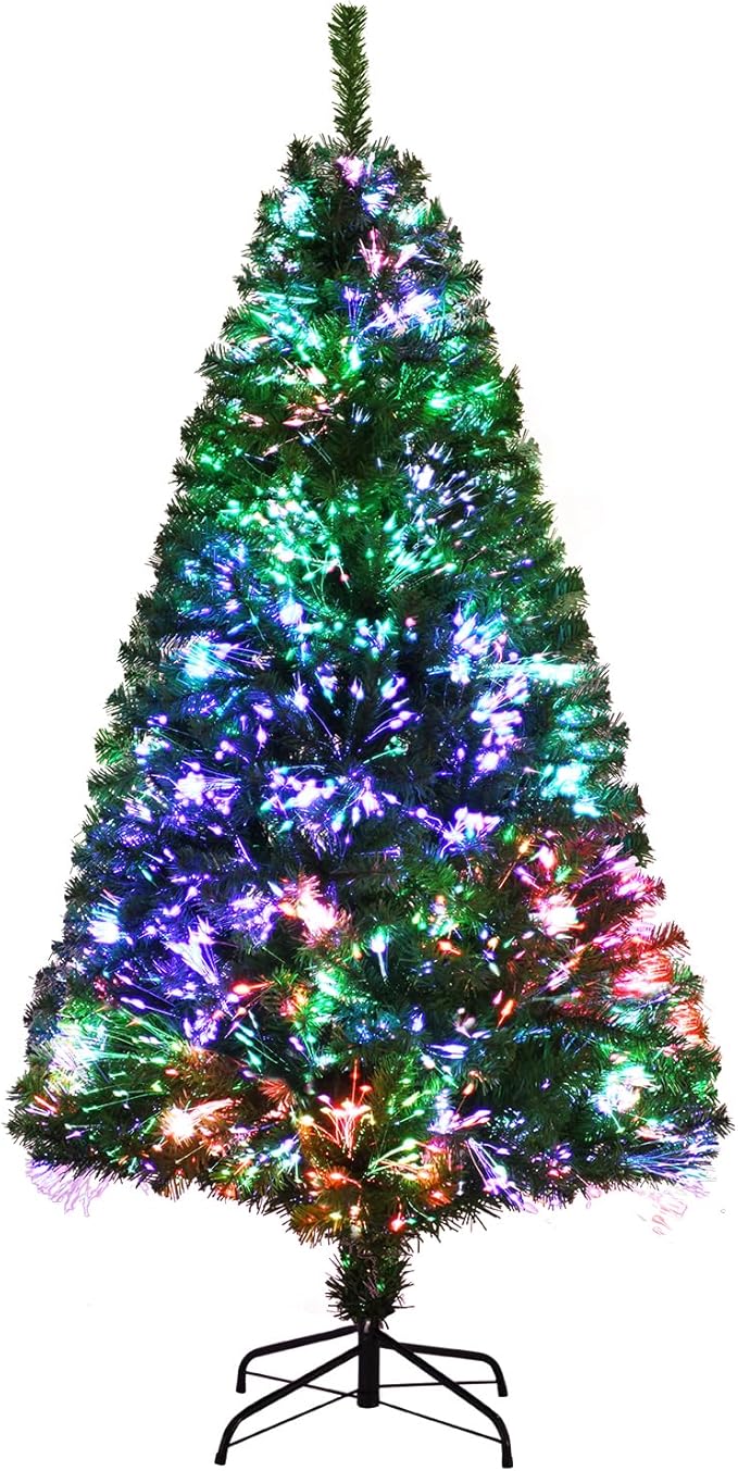 HAPPYGRILL 5FT Pre-lit Fiber Optic Christmas Tree with 449 Branch Tips, New PVC Leaves, Life-Like Artificial Xmas Tree with Folding Metal Stand