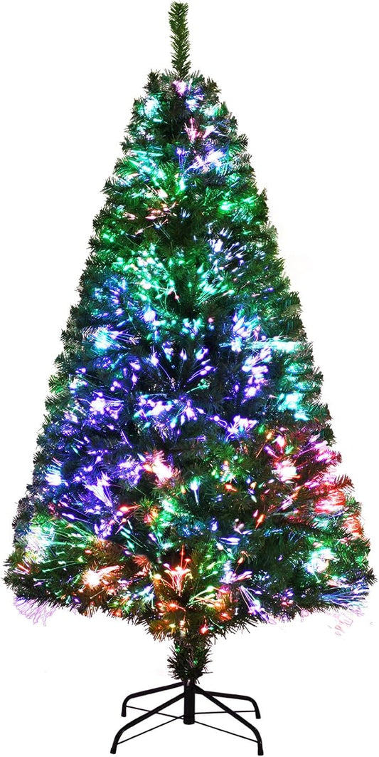 HAPPYGRILL 5FT Pre-lit Fiber Optic Christmas Tree with 449 Branch Tips, New PVC Leaves, Life-Like Artificial Xmas Tree with Folding Metal Stand