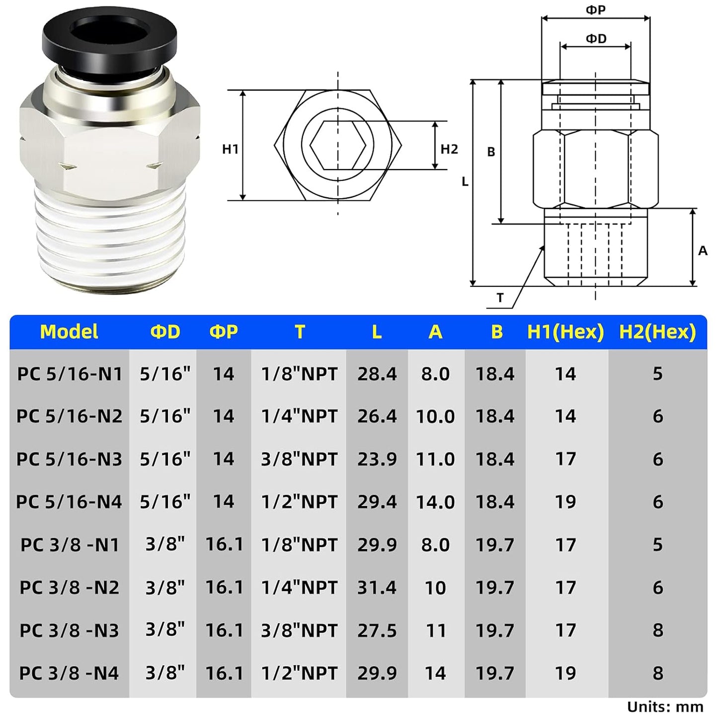 TAILONZ PNEUMATIC Elbow and Straight Combination 5/16 Inch Tube OD x 3/8 Inch NPT Thread Push to Connect Fittings PC-5/16-N3+PL-5/16-N3(Pack of 4)