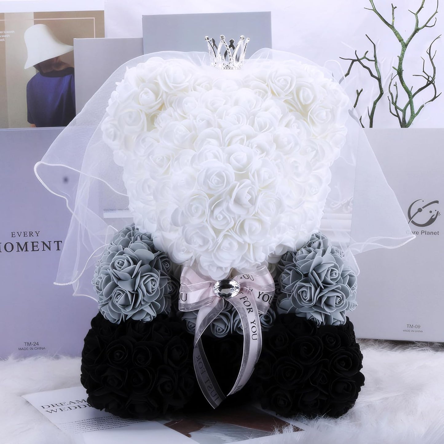 500 Pcs 1.4 Inch Mini Artificial Flowers Head Bulk 5 in 1 Set Faux Foam Fake Small Rose Tiny Baby Flores Bouquet Cake Gift Home Decoration DIY Craft (Gray)