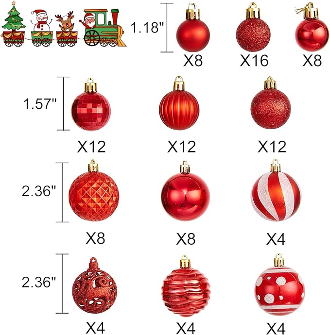 100PCS Christmas Ball Ornaments, Assorted Shatterproof Christmas Tree Decorations, Seasonal Decorative Hanging Baubles Decor Set for Xmas/Holiday/Party, Glitter&Painting Ornament Set (Red)