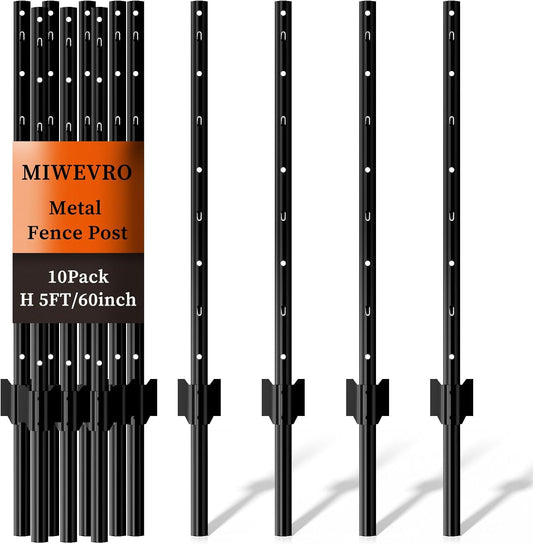 10 Pack Garden Fence Post, 5 Feet Heavy Duty Metal U-Post for Wire Fence, No Dig Garden Fence Stakes for Temporary Fencing, Electric Fence Wire, Corner Anchor, and More-Black