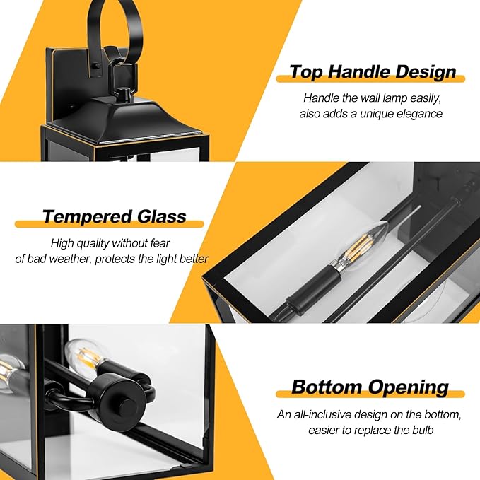 19" Large Outdoor Wall Light - Black Outside Wall Mounted Light Fixture with Gold Trim, Exterior Farmhouse Wall Sconce Lantern, Modern Porch Lighting Exterior Lamp for House 2-Light