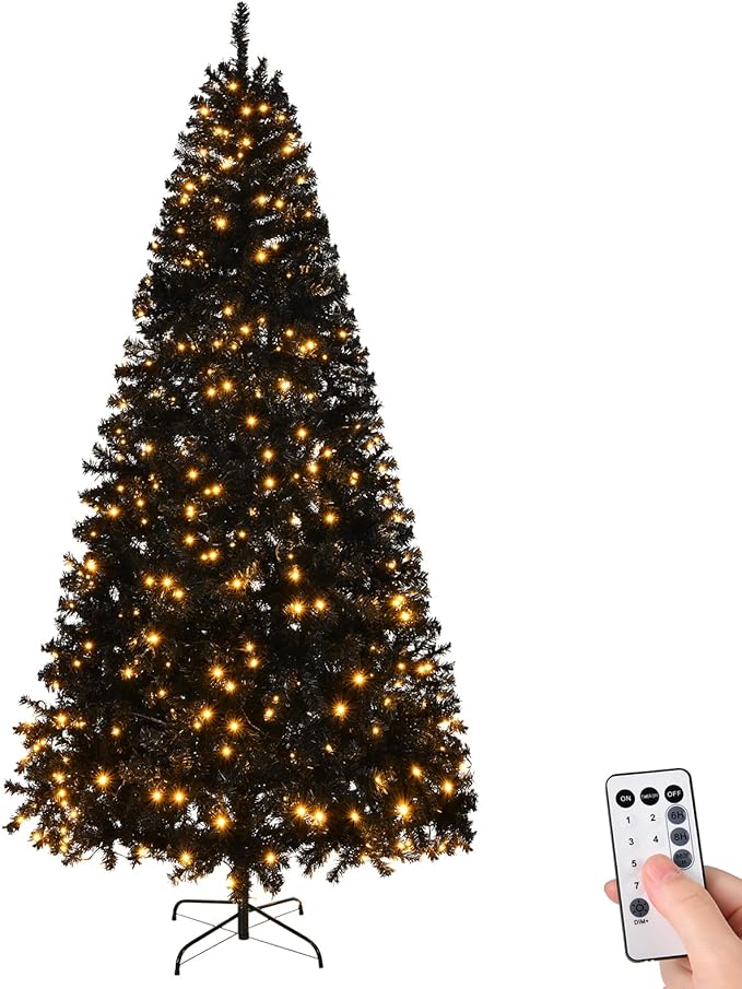 VINGLI 8ft Black Artificial Christmas Pine Tree with 550 Warm LED Lights, Pre-Lit Xmas Tree with 1450 Full Branch Tips, Sturdy Metal Stand, Large Holiday & Party Decorations, 8 Color Modes