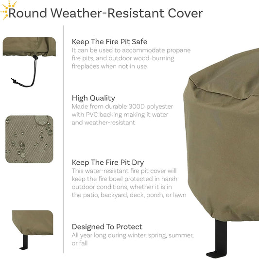 Sunnydaze Heavy-Duty Weather-Resistant Round Fire Pit Cover with Drawstring and Toggle Closure, Khaki PVC, 60 Inch Diameter
