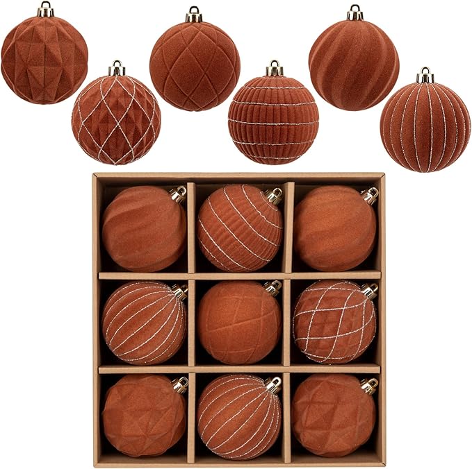 Hollyone Brown Velvet Christmas Ornaments Set for Christmas Tree 3.2inch Xmas Ball Ornaments 9Pcs Flocked Balls Xmas Hanging Ornament Decorations Set Shatterproof for Holiday Party Wreath Home Decor