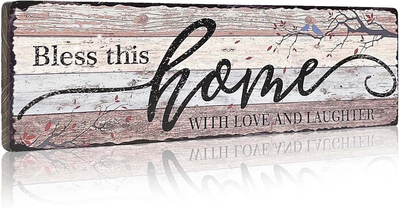 Home Sign Wall Decorations for Living Room Bless - This Home with Love and Laughter - Family Wall Decor Signs for Kitchen Bedroom Dining Room 16x5 Inches