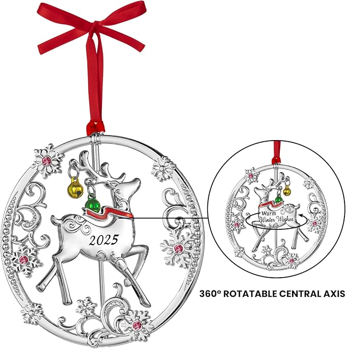 Christmas Tree - 2025 Rotation Reindeer Hanging Ornaments Pendant of Car Charm Holiday Keepsake Gift Home Decor (Reindeer Silver (2025))