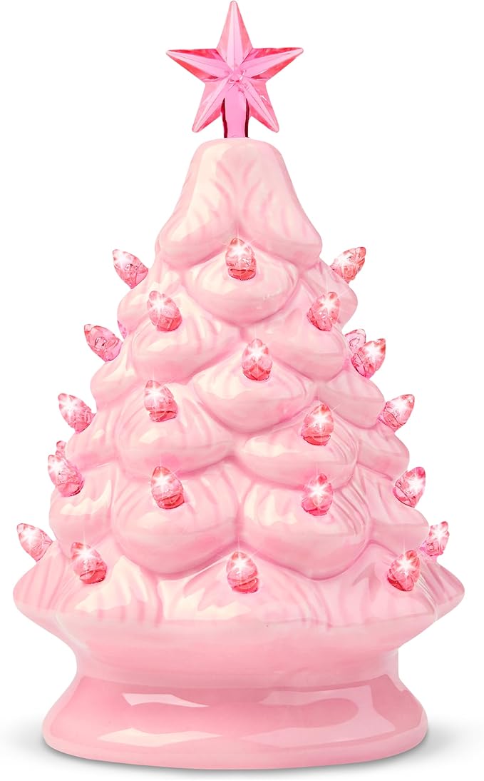 Joiedomi 7" Pink Ceramic Christmas Tree, Mini Prelit Tabletop Christmas Ceramic Tree with Extra Clear Top Star & Bulbs for Holiday Decoration Small Xmas Holiday Best Desk Tabletop Decoration (Pink)