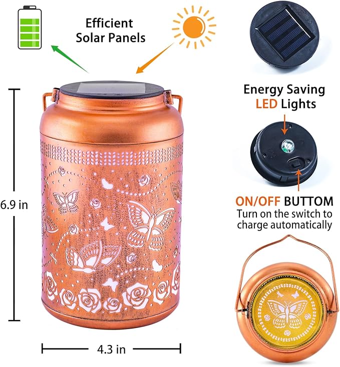 Butterfly Solar Lanterns Outdoor Hanging Waterproof Solar Lights Butterfly Gifts for Women Men Metal Butterflies Decorative LED Lanterns for Outside, Patio, Landscape, Yard Decor, Garden Decorations
