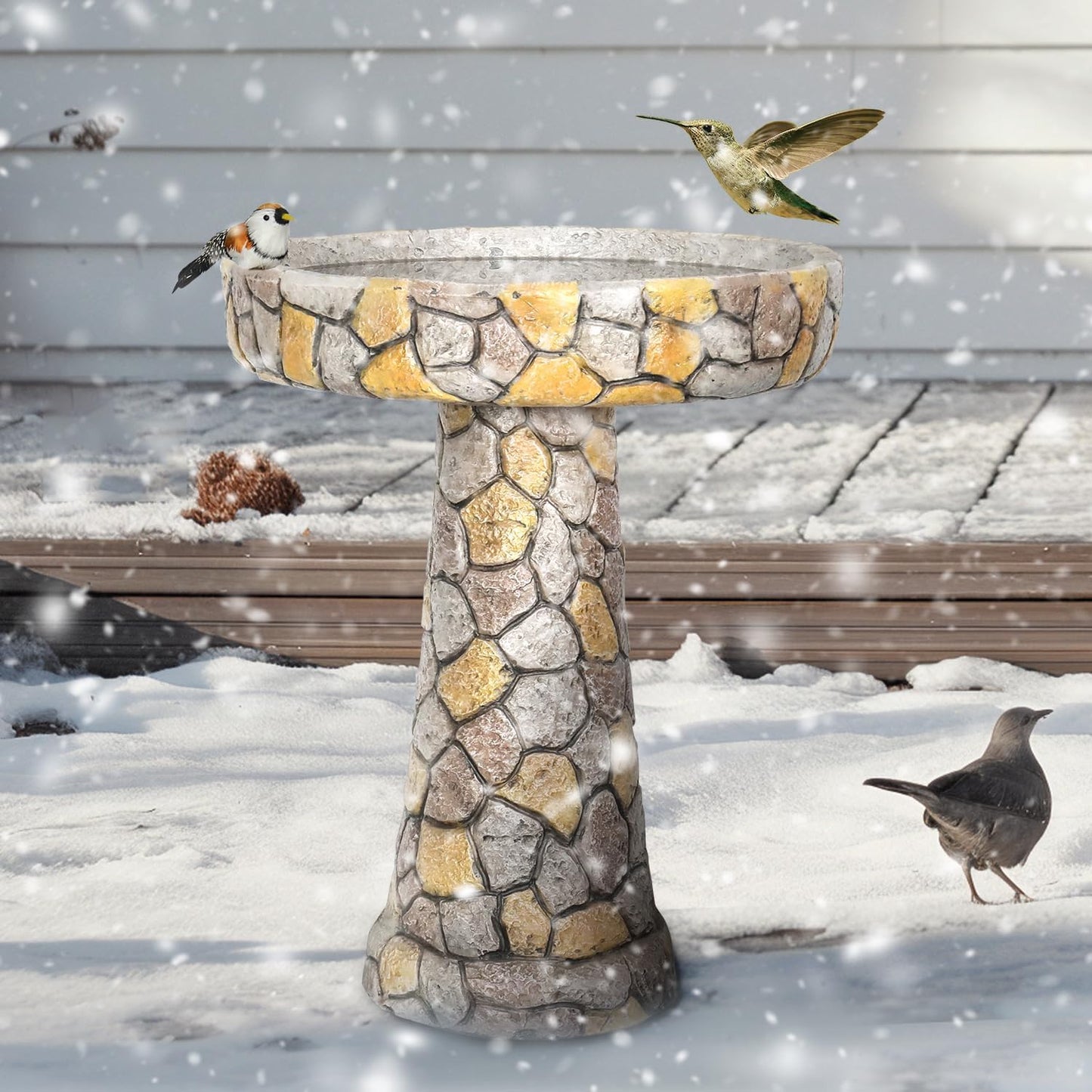24" H Outdoor Concrete Bird Bath - 24" H * 18.8" Φ Mosaic Stone Design BirdBath Perfect for Adding Interest to Garden, Patio, Backyard, Porch and Deck