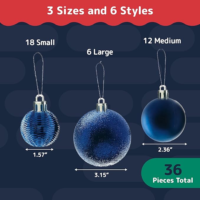 PREXTEX 36 Piece Blue Christmas Ornaments Set with Hanging Loops - Durable, Shatterproof Christmas Balls in 3 Sizes and 6 Styles - Midnight Blue Xmas Decorations for Trees, Wreaths, and Holiday Decor