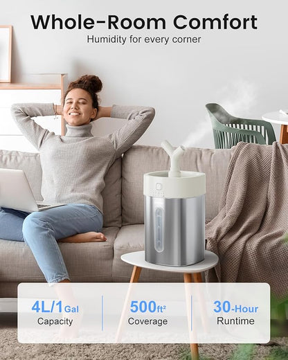 Feekaa Stainless Steel Humidifier Dishwasher Safe, 4L/1Gal Cool Mist Humidifiers for Bedroom, Easy Clean Humidifier Large Room, Humidifiers for Baby Nursery Living Room Office Plant, White