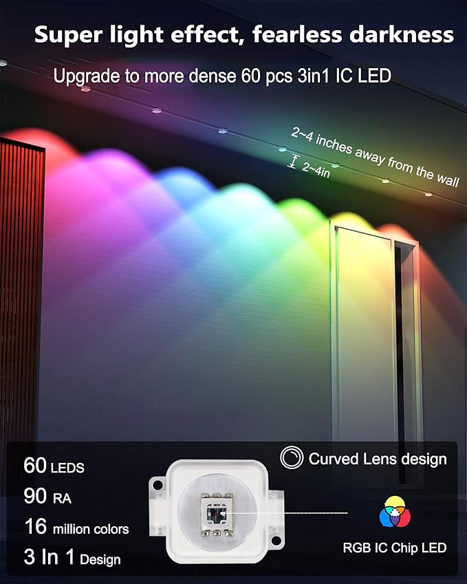 Smart Permanent Outdoor Lights, 100ft with 60 RGBW+IC LED String Lights, IP67 Waterproof Eaves Light with 108 Scene Modes for Halloween Christmas Birthday Holiday Party, APP/Remote Control