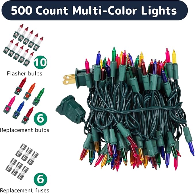 PREXTEX 500 Ct. Multi-Color Christmas Tree Lights with Green Wire - 100 Ft - for Indoor and Outdoor Use - Multicolor Twinkle Christmas Tree Decoration with End-to-End Connectors