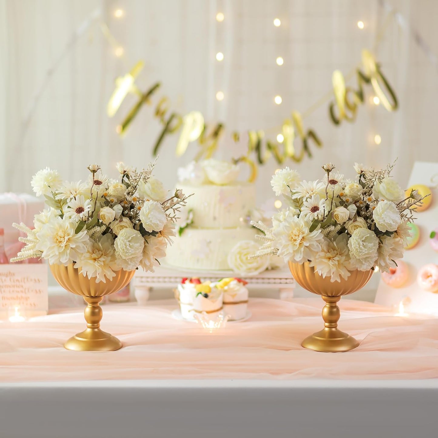 Sziqiqi Gold Urn Vase for Wedding: 7.9in Tall Vases Centrepieces for Table Decorations - Set of 2 Metal Flower Urn Vase for Floral Arrangement - Compote Bowl Vases for Birthday Party Anniversary