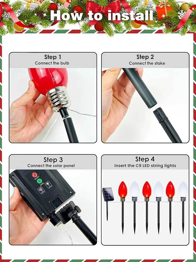 12 Pack Large C9 Christmas Decorations Outdoor Waterproof, Solar C9 Christmas Lights Outdoor with 2 Modes, Solar Pathway Light for Outside Party Yard Lawn Patio Walkway Xmas Decoration (Red and White)