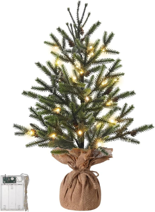 22" Mini Christmas Tree, Small Artificial Tabletop Snow Flocked Christmas Trees Decor with Lights, Outdoor Indoor Porch Table Centerpieces Xmas Christmas Decorations