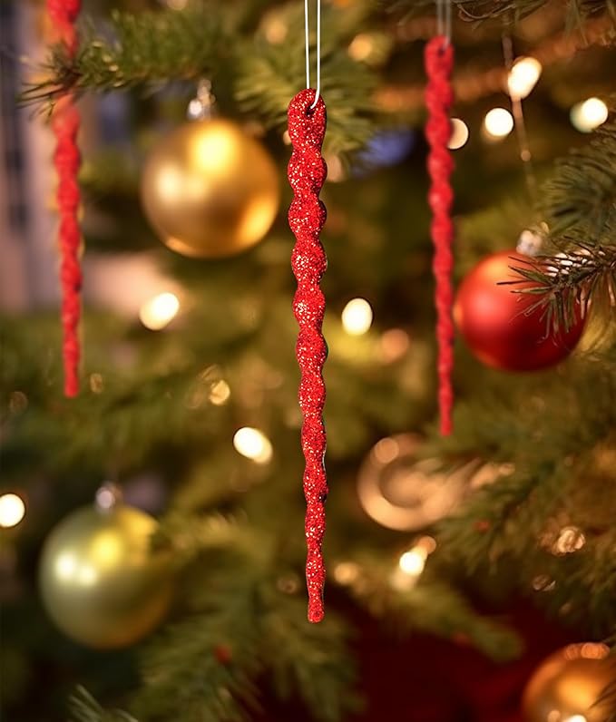 AMS Sparkling Glitter Plastic Icicle Ornaments 30 PCS Twisted Icicles Decoration Christmas Tree and Holiday Xmas Party Hanging (5.1'', Red)