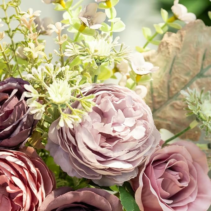 LESING Fake Artificial Flowers with Vase Faux Silk Flower Bouquet in Glass Vase Rose Floral Arrangements Flower for Home Office Decoration, Dining Table Centerpiece (Purple)