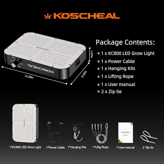 KOSCHEAL KC800 LED Grow Light,80W Full Spectrum Led Grow Lights for Indoor Plants,2.9μmol/J PAR Plant Light,Veg Bloom Light,Daisy Chain Dimmable Grow Lamp,Built-in Silent Fan