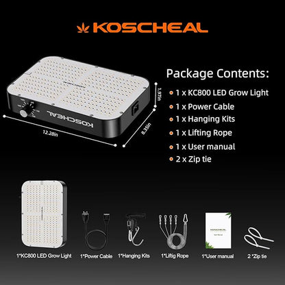 KOSCHEAL KC800 LED Grow Light,80W Full Spectrum Led Grow Lights for Indoor Plants,2.9μmol/J PAR Plant Light,Veg Bloom Light,Daisy Chain Dimmable Grow Lamp,Built-in Silent Fan