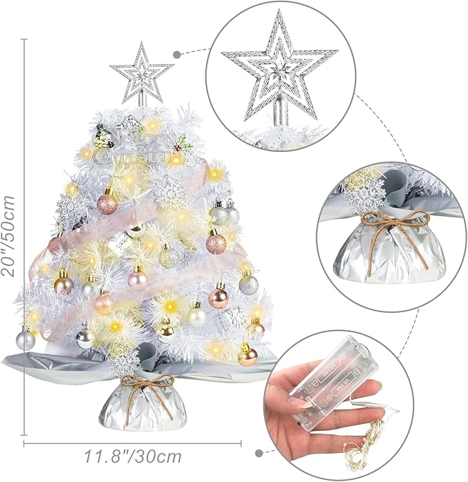 20" Mini White Christmas Tree, Artificial Mini Christmas Tree with Lights, Tabletop Christmas Tree with Star Treetop Snowflake Boxes and Ball Ornaments for DIY Christmas Decoration(White)