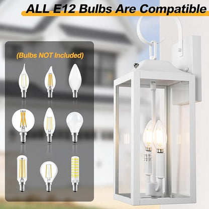 White Dusk to Dawn Outdoor Wall Lantern 2-Light, 19" Large Outside Modern Wall Sconce Light Fixture, Industrial Porch Light Wall Mount with Glass, Waterproof Farmhouse Exterior Lamp Lighting