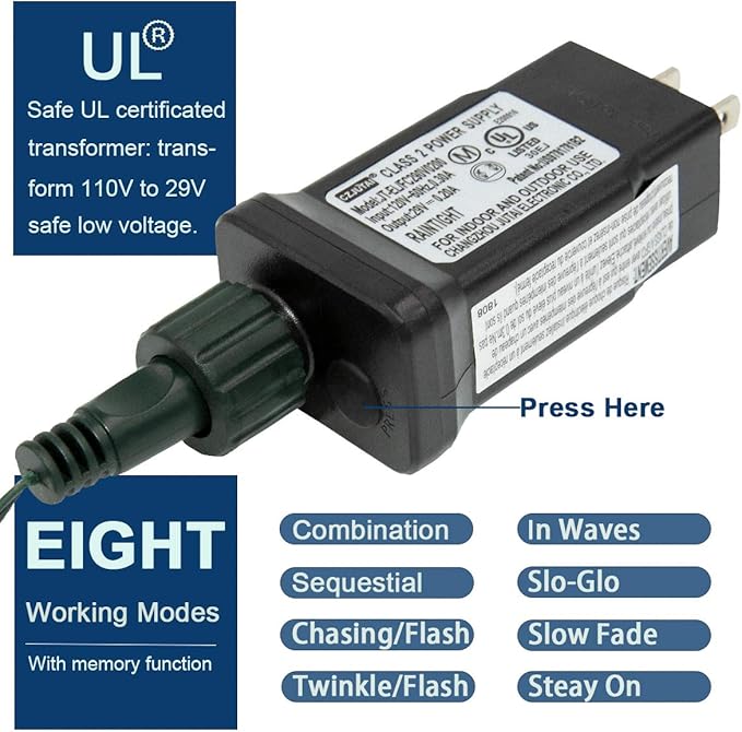 Decute 300LED Christmas String Lights Outdoor Waterproof 105FT UL Certified with End-to-End Plug 8 Modes, Cool White Indoor Starry Fairy Lights for Christmas Tree Patio Garden Wedding Party Decor