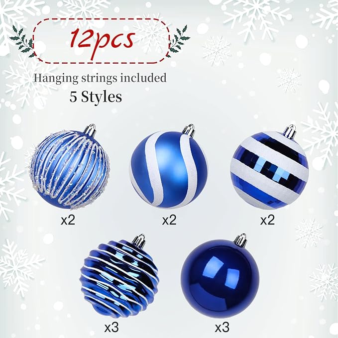 SHareconn 80mm Christmas Balls Ornaments,12PCS Colored Shatterproof Plastic Decorative Hanging Tree Decorations Baubles Set for Xmas Tree Decor Holiday Party Wedding Decoration with Lanyard,Blue&White