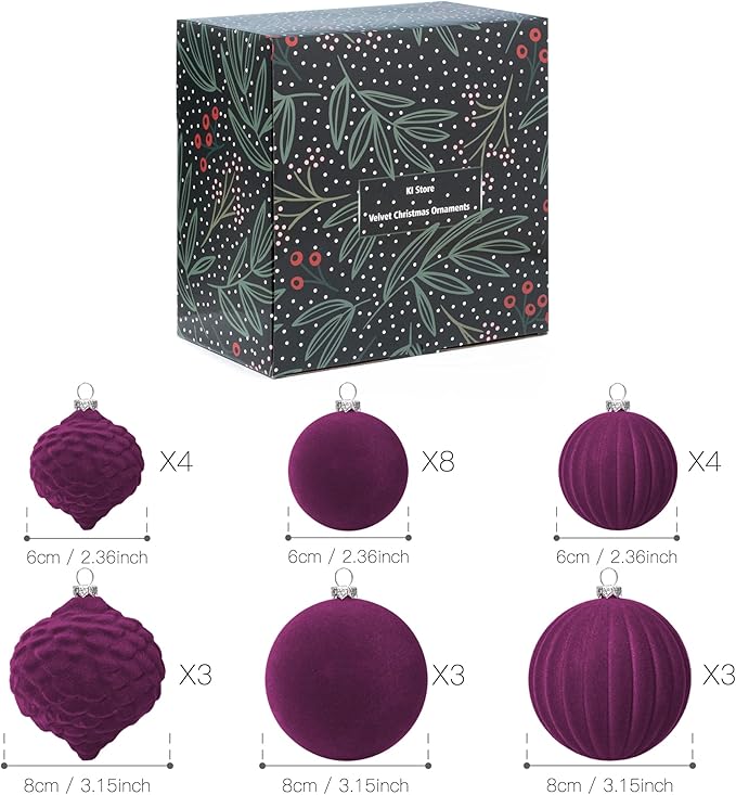 KI Store Velvet Ornaments for Christmas Tree Magenta Purple 25pcs Flocked Christmas Balls Assortment for Xmas Tree Holiday Decor