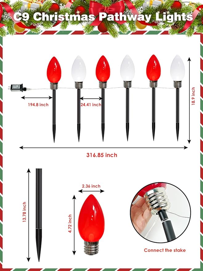 12 Pack Large C9 Christmas Decorations Outdoor, Waterproof C9 Christmas Lights Plug in with 2 Modes and Timer, Pathway Light for Party Indoor Yard Patio Walkway Garden Xmas Decoration (Red and White)