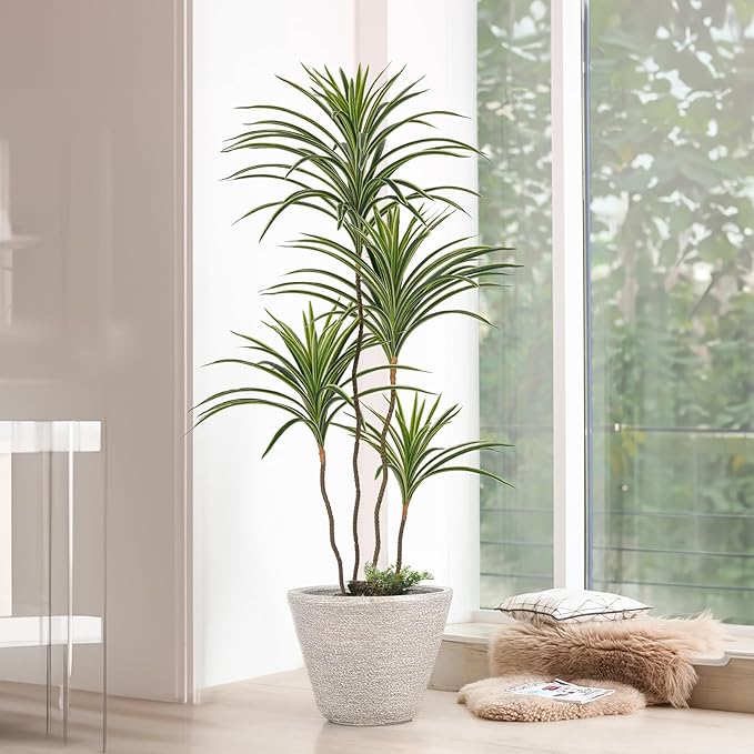 Artificial Dracaena Plants Indoor, 4 ft Faux Tropical Floor Plants Indoor, Tall Fake Yucca Silk Tree in Pot, Artificial Trees for Home Office Decor Indoor Outdoor Housewarming Gift
