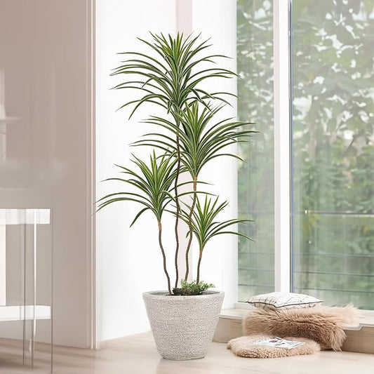 Artificial Dracaena Plants Indoor, 4 ft Faux Tropical Floor Plants Indoor, Tall Fake Yucca Silk Tree in Pot, Artificial Trees for Home Office Decor Indoor Outdoor Housewarming Gift