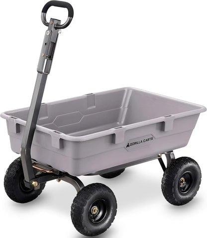 Gorilla Carts Heavy-Duty Poly Dump Cart, 5 Cu Ft Tub, 800 lb Haul Capacity, Gray – Towable Utility Wagon with Quick-Release Dumping & Pneumatic Tires for Yard, Landscaping and Gardening