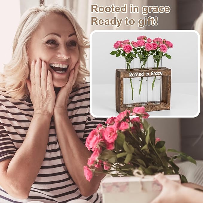 Rooted in Grace Propagation Station – Wooden Plant Holder with 3 Glass Vases, Indoor Rooting Station for Cuttings, Christian-Inspired Gift for Women, Birthday, Housewarming, Plant Lover Décor