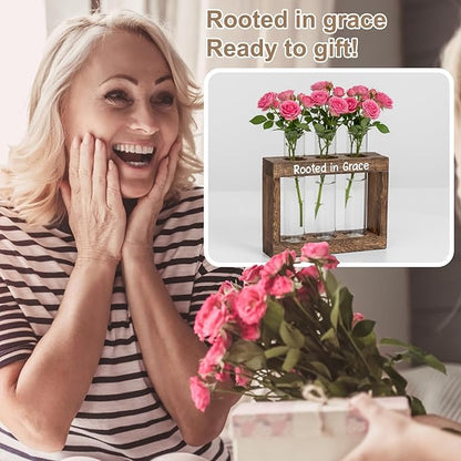 Rooted in Grace Propagation Station – Wooden Plant Holder with 3 Glass Vases, Indoor Rooting Station for Cuttings, Christian-Inspired Gift for Women, Birthday, Housewarming, Plant Lover Décor