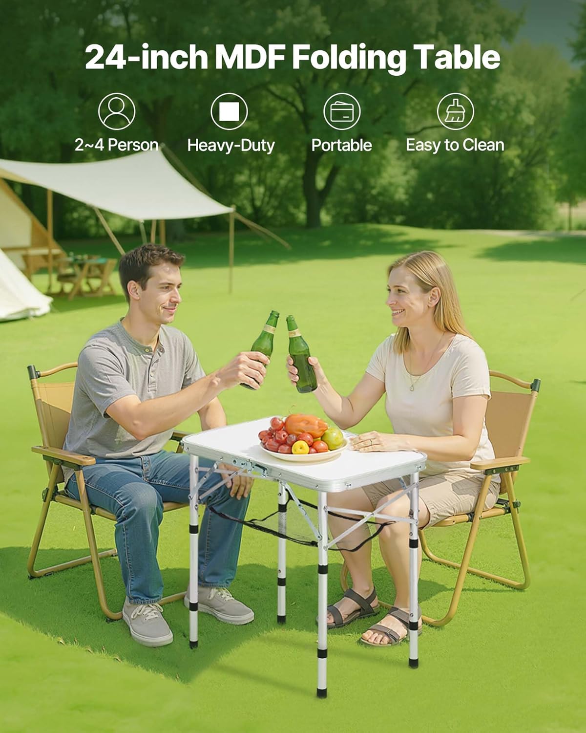 VEVOR Folding Camping Table, Portable Roll Up Side Tables, Lightweight Aluminum Beach Table with Adjustable Height, for Outdoor BBQ Tailgating Picnic, Travel (24 inch-Silver)