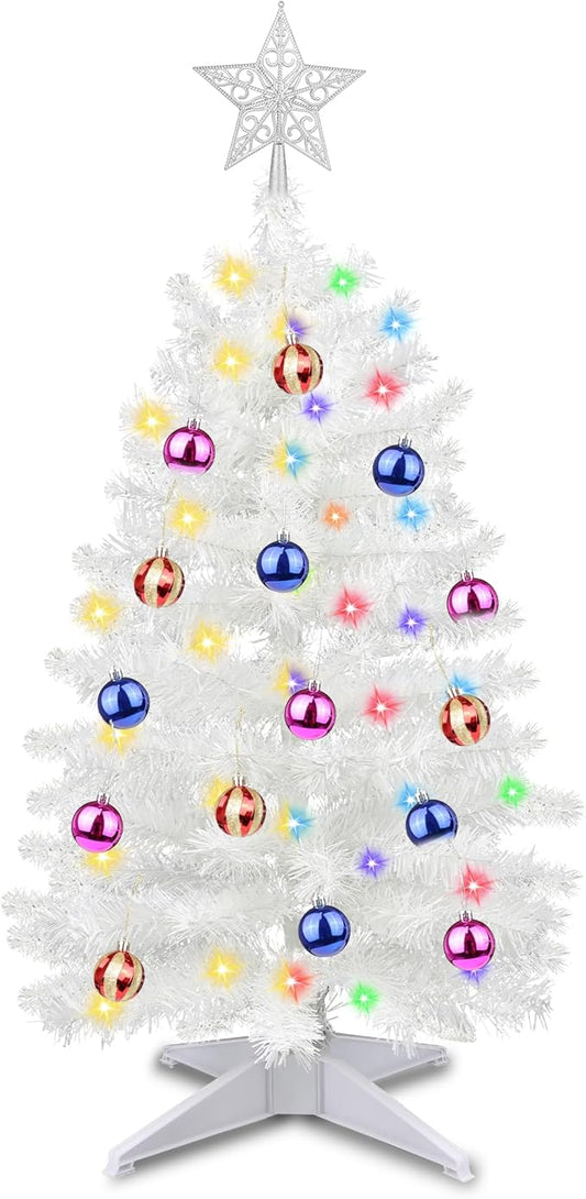 3 Ft Premium White Christmas Tree Dual Color Change 12 Modes Timer DIY 50 Warm White & Colored Lights 15 Ball Ornaments Star Battery Operated Small Artificial Full Xmas Tree Table Indoor Holiday Decor