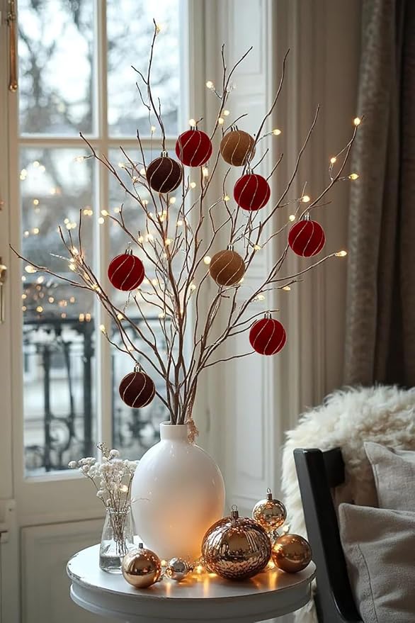 24PCS Velvet Christmas Ball Ornaments Set, 2.36" Shatterproof Baubles for Christmas Tree Decorations, Gold-Lined Hanging Baubles with Velvet Finish for Thanksgiving Holiday Party Décor, Multicolour