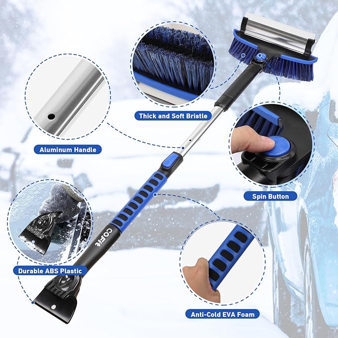COFIT 42" Car Snow Brush Extendable Handle, 3 in 1 Windshield Ice Scraper and Squeegee, Detachable Snow Removal Tool, Clean Brush Scratch Free for RV Truck SUV Window Roof Exterior Wash Supplies, Blue