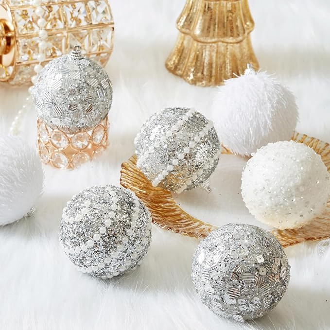 Silver Christmas Ball Ornaments, Christmas Ball Decorations Shatterproof Plastic Hanging Pearl Balls for Holiday Party(70mm/2.76", 12ct)