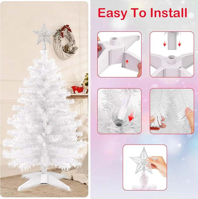 3 Ft White Artificial Christmas Tree for Tabletop, Foldable Xmas Tree with 4-Leg Stable Base for Indoor Outdoor Home Office Party Christmas Decorations