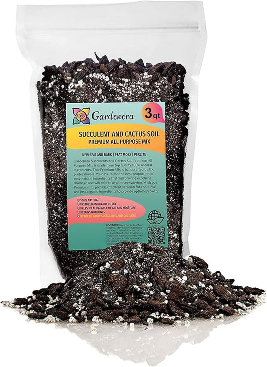 Gardenera Professional Succulent Soil Premium All Purpose Blend | Pre-Mixed Ready to Use for Cactus and Succulents | Sphagnum Peat Moss, Perlite, New Zealand Pine Bark - Made in USA - 3 Quart