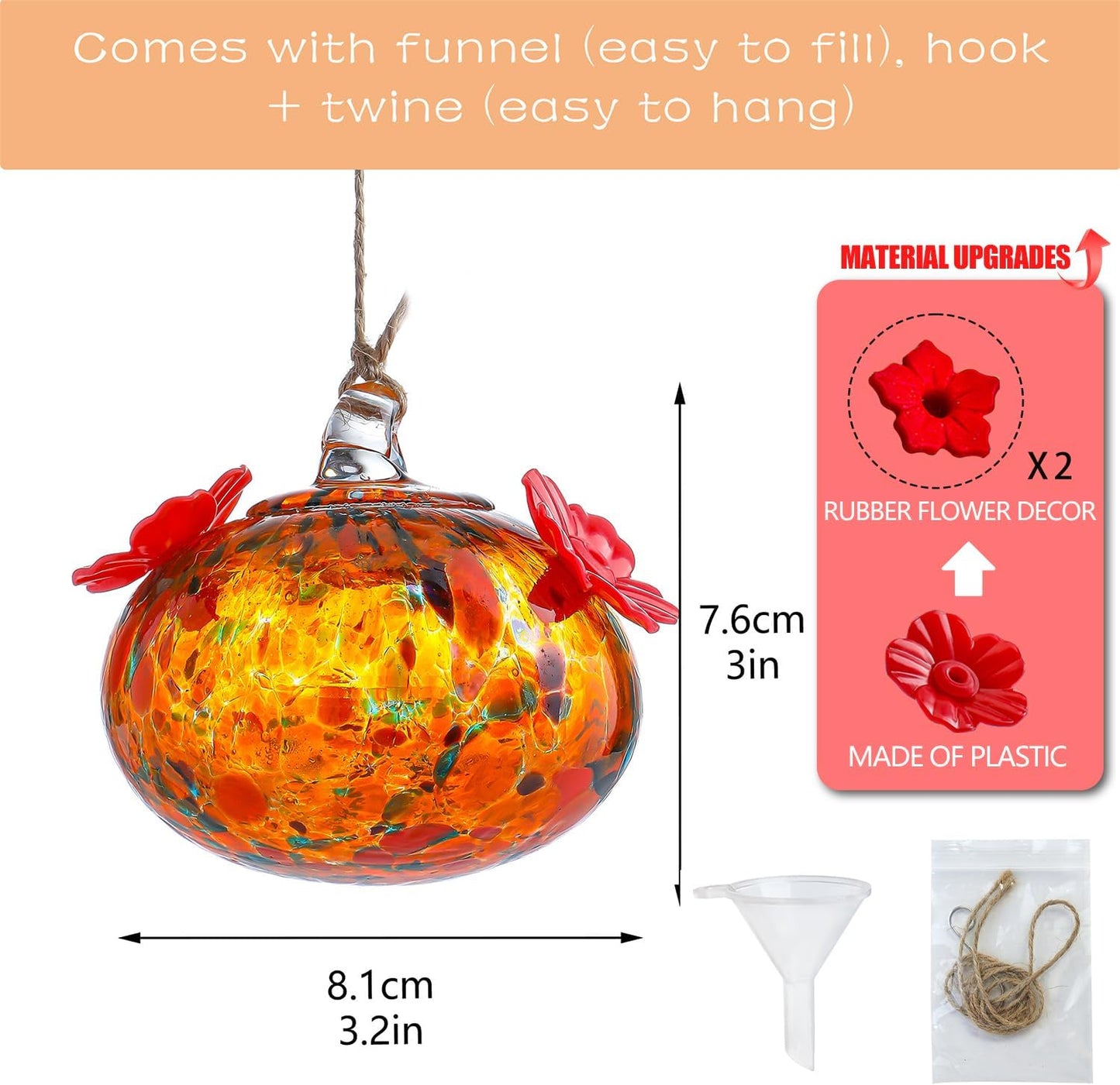 Small Colorful Hummingbird Feeder Glass for Outdoors Window Hanging Blown Glass Hummingbirds Feeders for Outside with 2 Feeding Ports Ant and Bee Resistant Humming Birds Feeder Gifts for Women