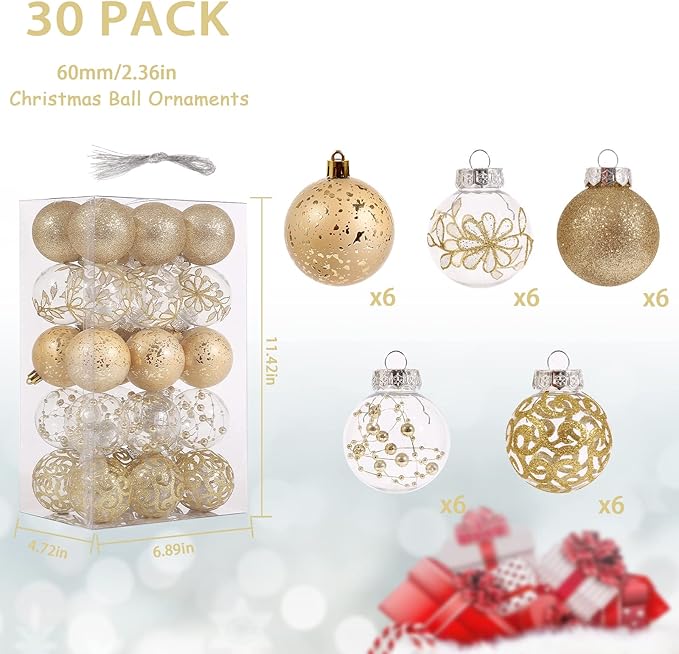 60mm/2.36inch Clear Christmas Ball Ornaments Set, 30ct Champagne Gold Christmas Ornaments Ball for Christmas Tree Decoration Shatterproof Transparent Baubles with Stuffed Decoration for Wedding Party