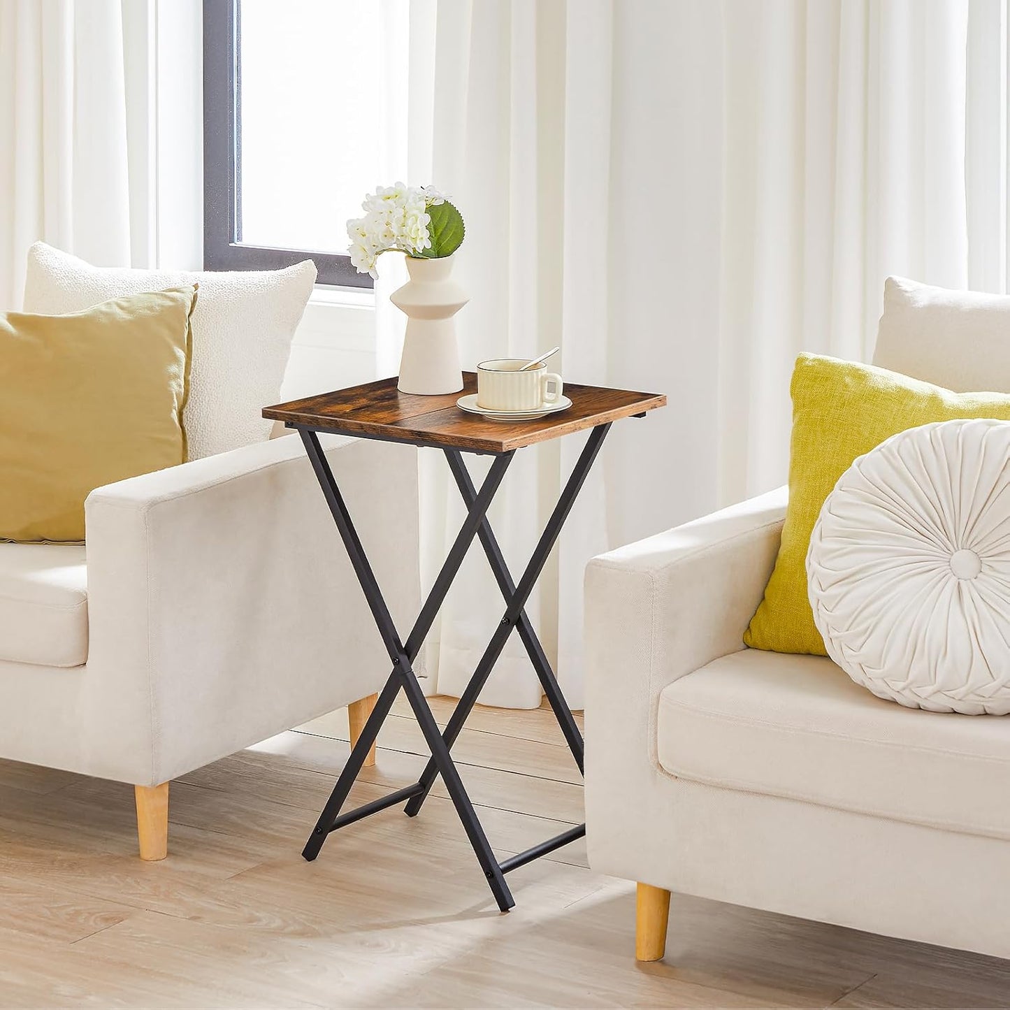 HOOBRO Folding TV Tray Table, Wooden TV Tray, Portable Sofa Side Table, Industrial Snack Table End Table for Small Spaces, Space-Saving, Easy to Install and Fold, Rustic Brown and Black BF27BZ01