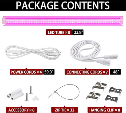 8 Pack LED Grow Light 2FT, Upgrade 192W(8×24W) High Intensity Full Spectrum Indoor Grow Lights with High PPFD Value, T8 Grow Lights for Indoor Plants, Seed Starting, Succulent, Vegetables